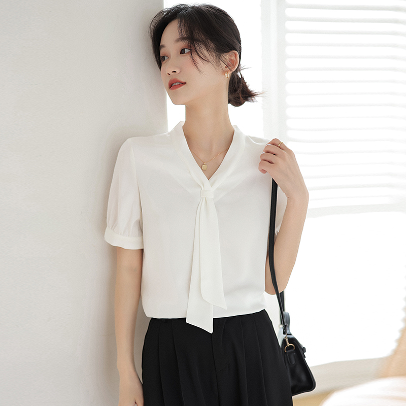 短袖衬衫女飘带2022夏季新款高级仿真丝薄款上衣雪纺衫