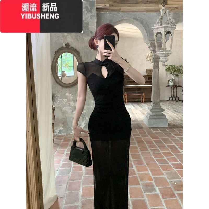 YIBUSHENG娜娜~新中式镂空复古连衣裙女装性感透视网纱拼接弹力开叉旗袍裙
