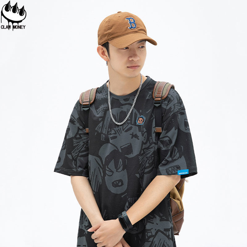 clawmoney短袖t恤男衣服潮流学生动漫ins潮纯棉宽松夏季半袖体恤