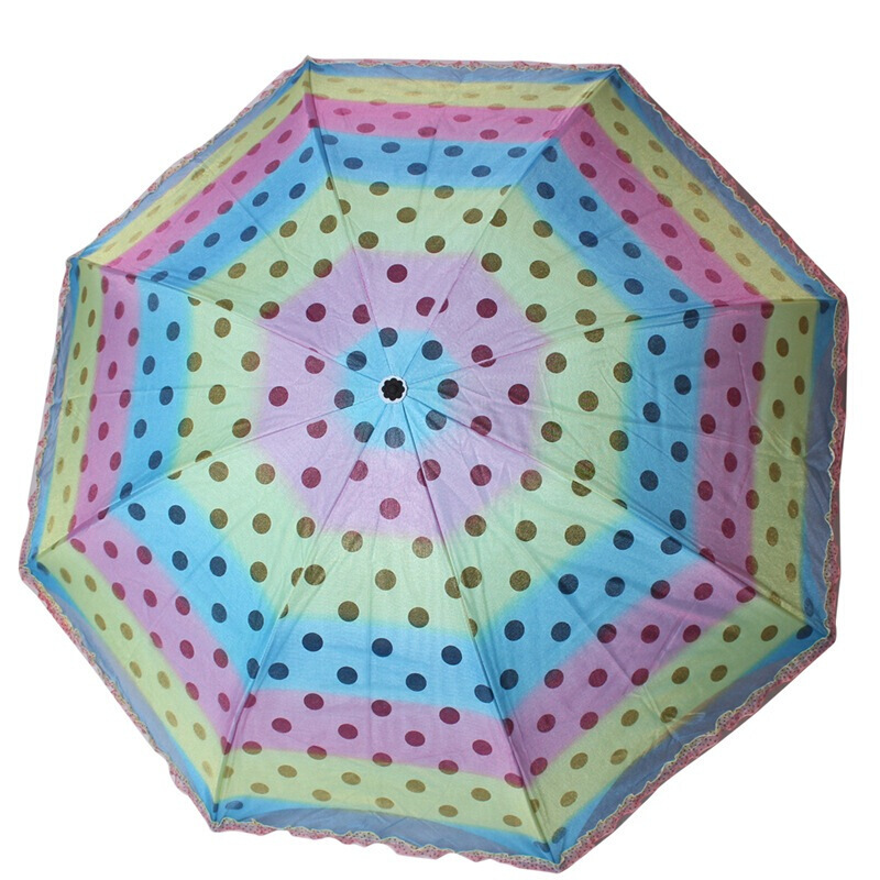 天堂伞 七彩霓虹彩虹纱拼裙边黑胶双层三折晴雨伞太阳伞 紫绿蓝 33074E