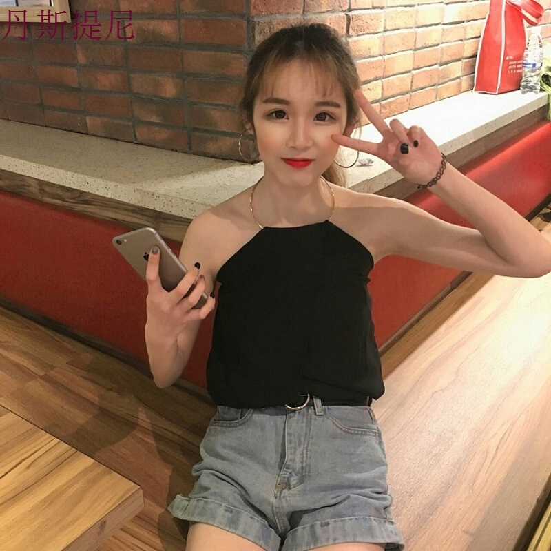 夏秋宽松打底小衫女圆环挂脖削肩带外穿chic露背百搭雪纺背心白色均码