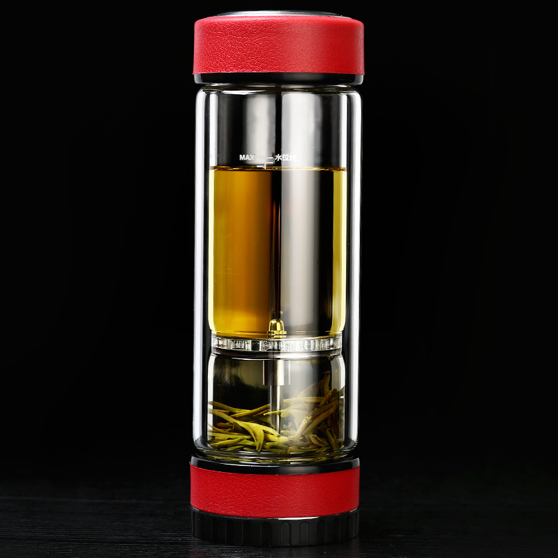 金镶玉 茶杯 办公杯茶水分离杯双层玻璃杯商务杯 泡茶杯礼品杯带过滤创意杯 红色旋中玄泡茶杯(10个以上可定制)
