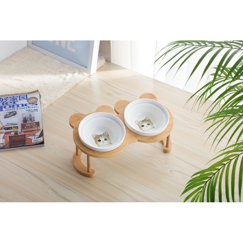 猫碗高脚猫咪喂食碗保护颈椎斜口狗碗可爱猫盆双碗陶瓷饮水宠物 可爱竹木黄猫+双碗套装 猫咪/小型犬