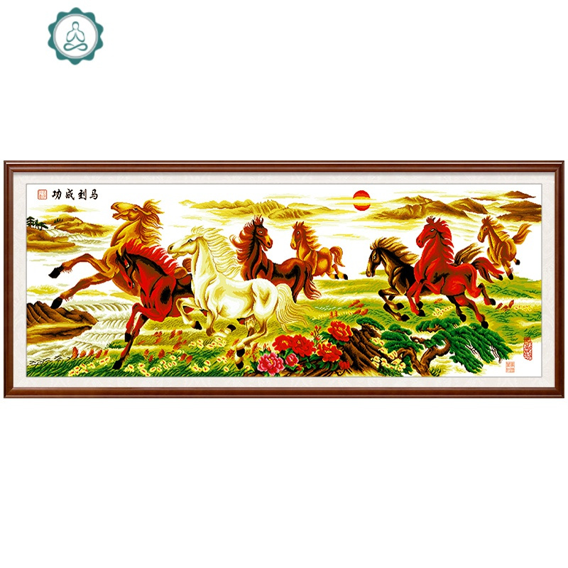 马到成功十字绣2020新款客厅八骏图大幅山水风景八匹马书房办公室 封后 中格三股绣240*85cm多配30%线量