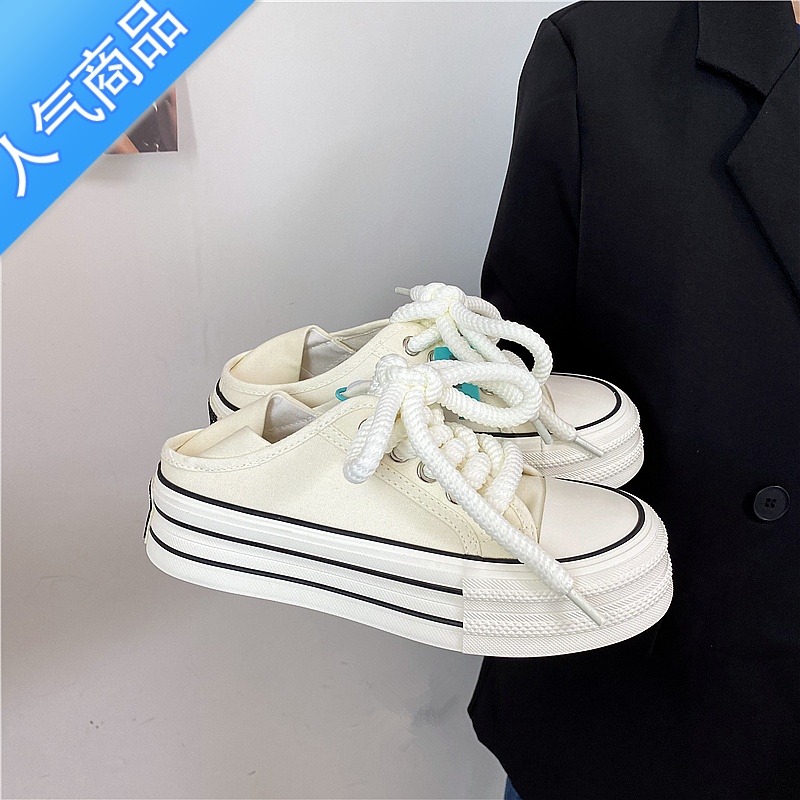 SUNTEK易少年 厚底增高半托两穿帆布鞋女ins潮超火百搭懒人一脚蹬小白鞋高清大图