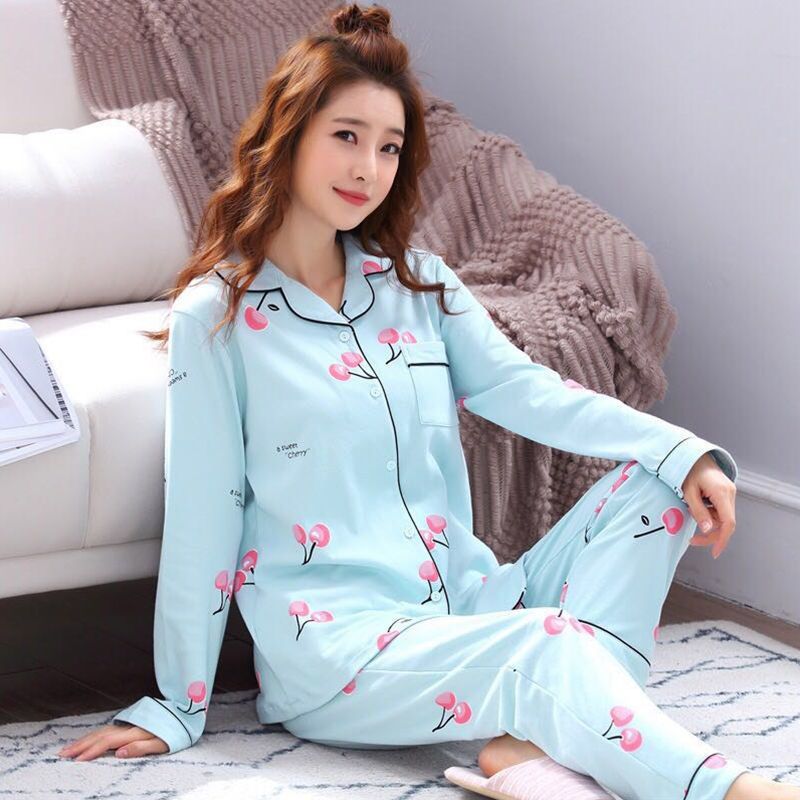 睡衣女长袖春秋季韩版女士薄款大码月子服秋冬家居服夏季两件套装 长袖LOVE M [85-100斤]