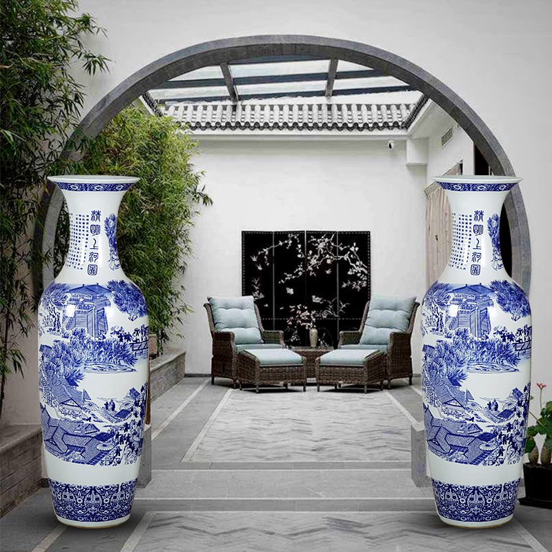 景德镇陶瓷器落地大花瓶 青花瓷手绘清明上河图摆件客厅装饰酒店 三维工匠 1.6米手绘款一个高清大图