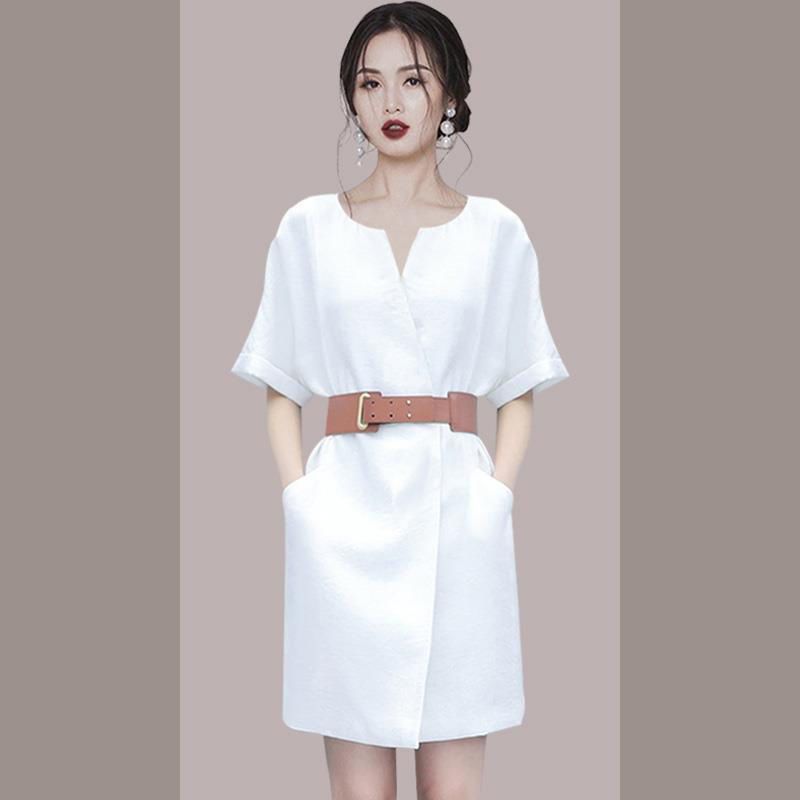 高端气质名媛连衣裙女2021年夏季新款女装短裙小个子修身显瘦裙子 白色连衣裙[送腰带+送吊带] XL