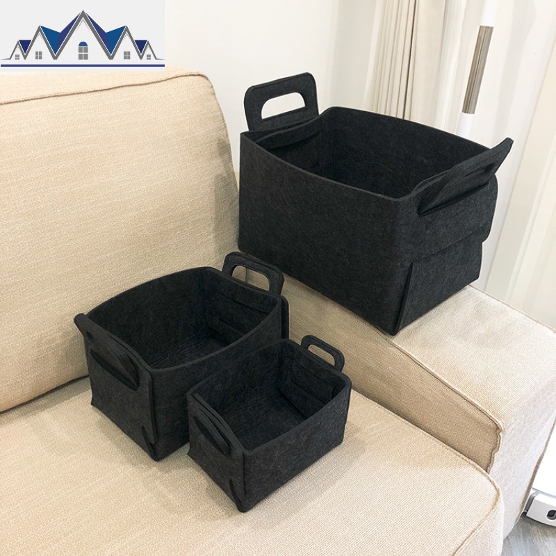 北欧毛毡折叠收纳筐家用零食玩具杂物加厚手提收纳箱脏衣服收纳篮 三维工匠 加厚深灰一套（小中大各一个）