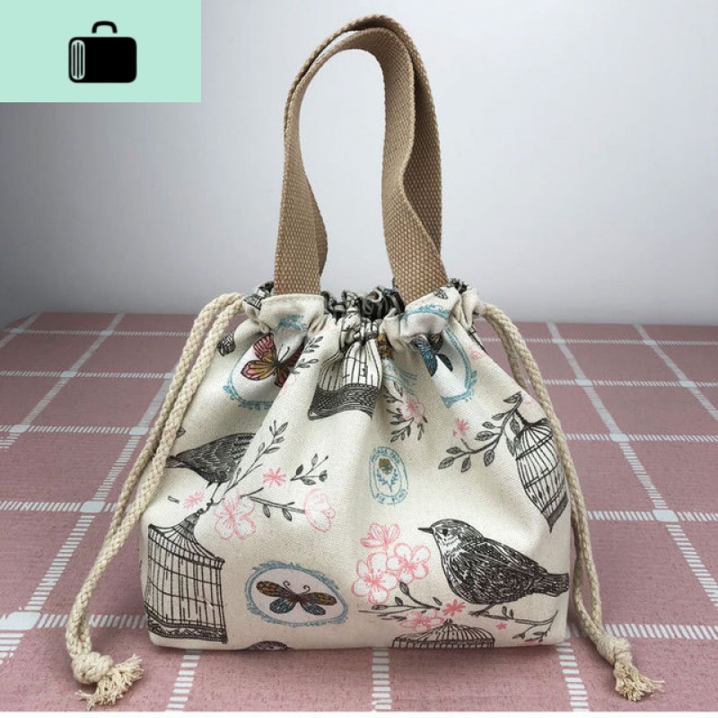 韩版百搭抽带帆布包女士小拎包饭盒包休闲便当袋水桶包手提零钱包NEW LAKE 米色鸟笼