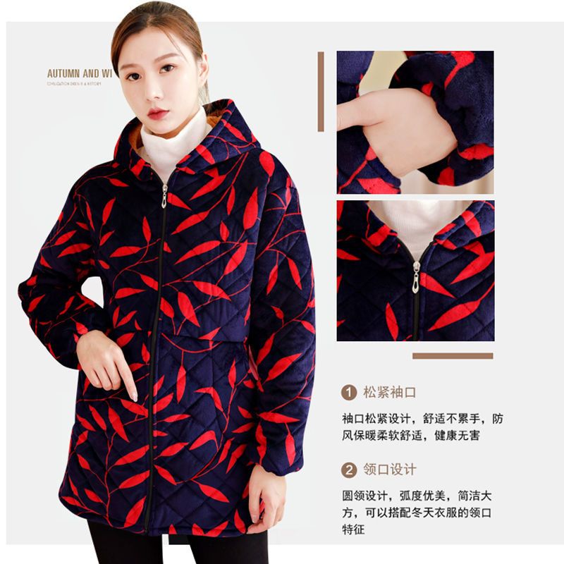 秋冬羽绒服罩衣成人长袖加棉加绒加厚水晶绒外套工作服厨房防油女 成人[加棉帽子款] 藏青树叶 XL(建议110-120斤)