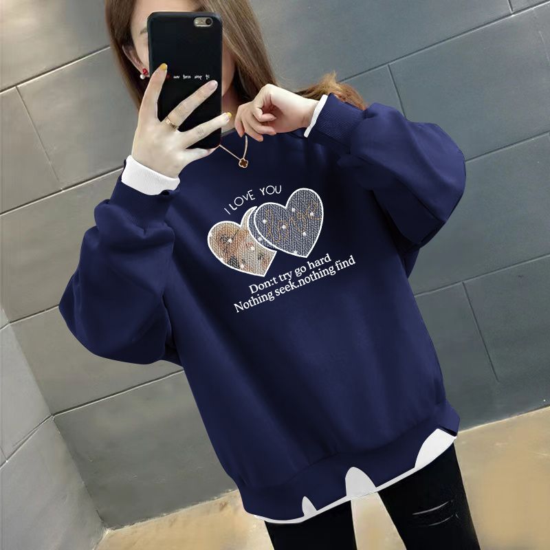 假两件秋冬款上衣时尚不规则宽松显瘦ins加绒/不加绒百搭女士卫衣 2XL建议140-160斤 薄款-透明爱心【藏蓝色】