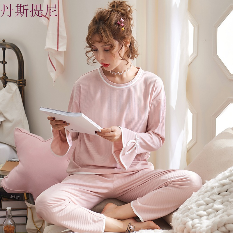 韩版宽松睡衣女春秋季纯棉长袖可外穿全棉清新家居服女夏薄款套装