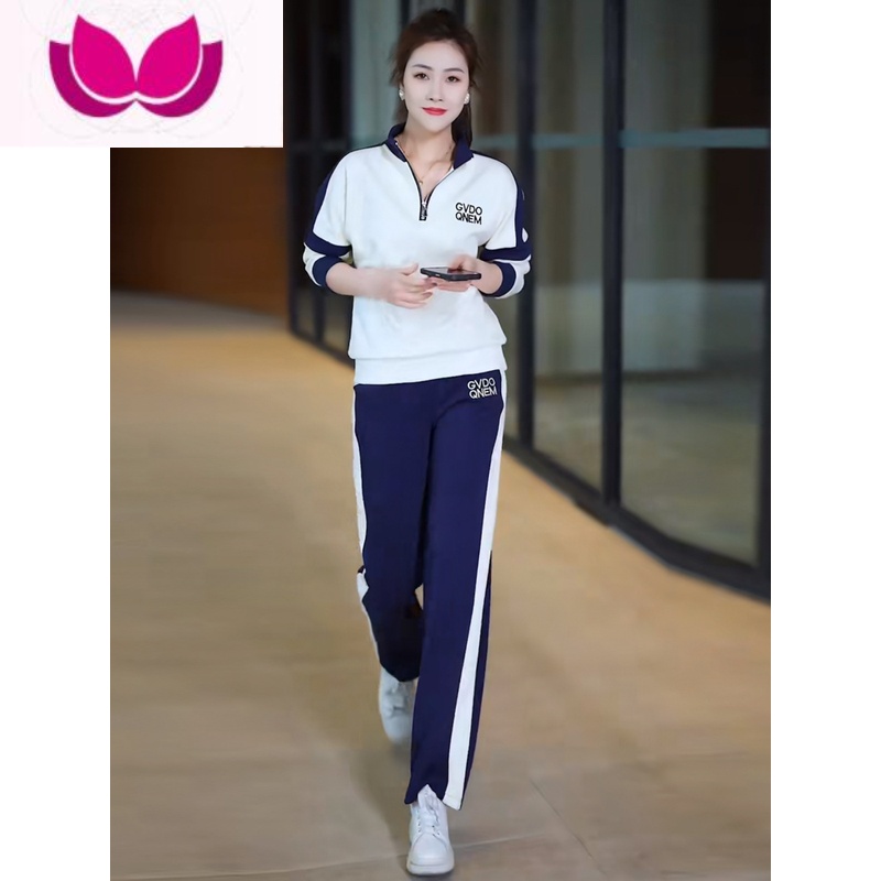 七斓运动休闲套装女2023年春季新款减龄洋气拼色立领卫衣阔腿裤套 宝蓝色 M