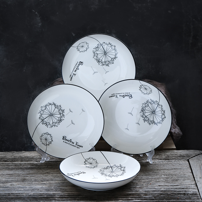 苏氏陶瓷( SUSHI CERAMICS)汤盘子 蒲公英简约家用陶瓷菜盘子8英寸4只装餐具套装