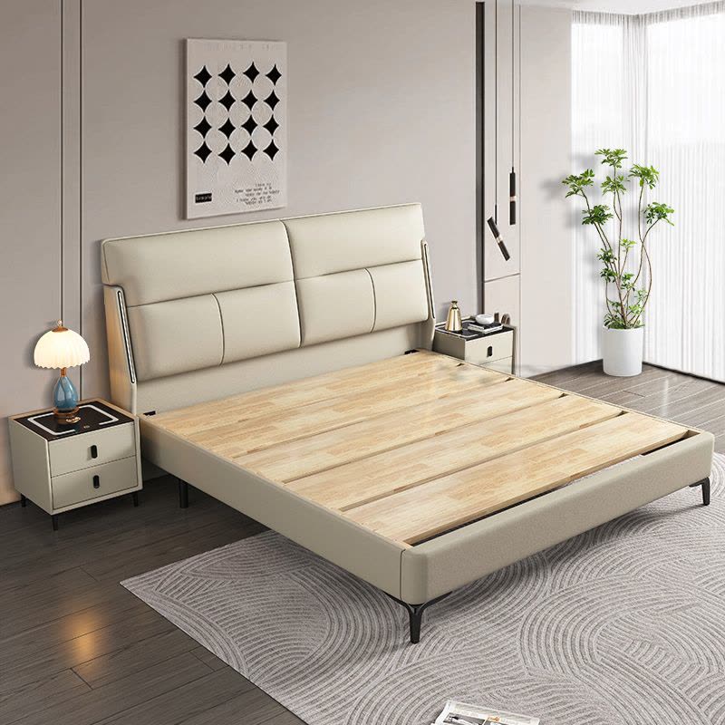 简臣意式橡胶木床全实木头层牛皮床主卧1.8米榫卯床板婚床双人床6242图片