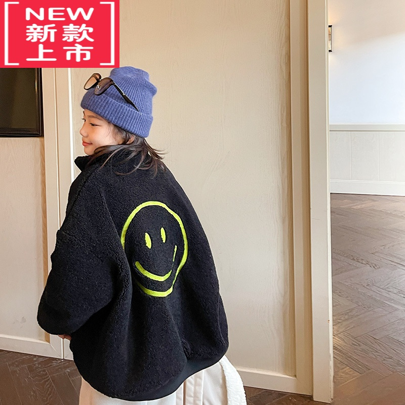可莉允女童毛毛外套2022冬装新款加棉加厚立领拉链中大童秋冬羊羔毛棉衣棉服