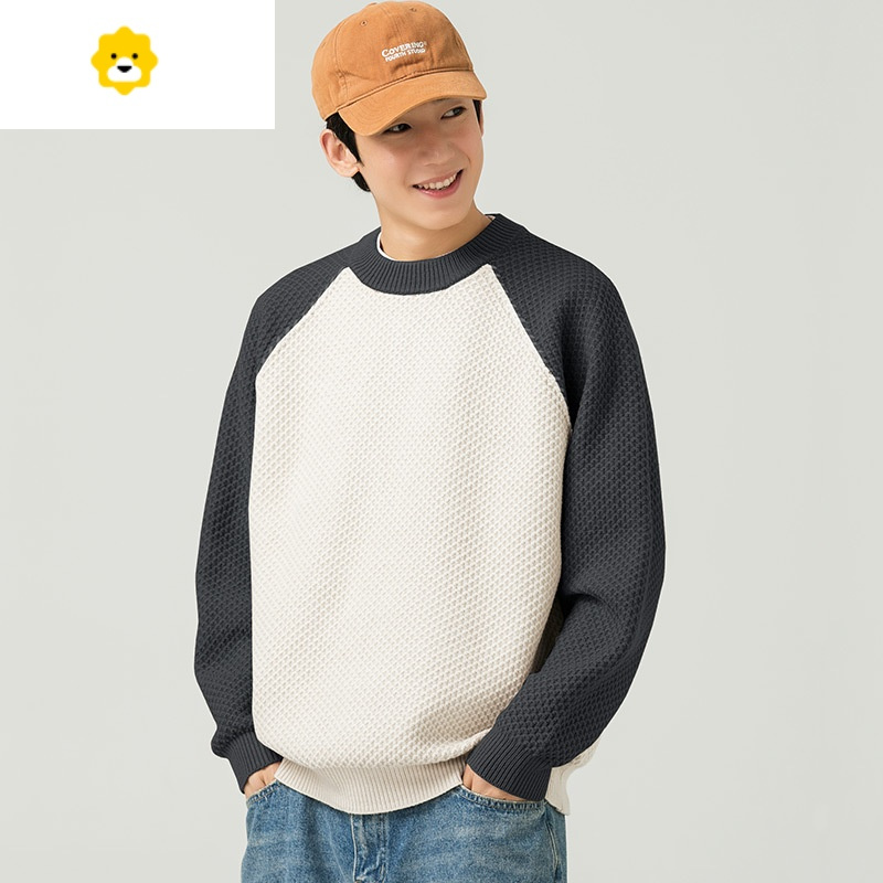 fishbasketwoodoon插肩袖毛衣男生季圆领宽松潮流套头休闲运动男士