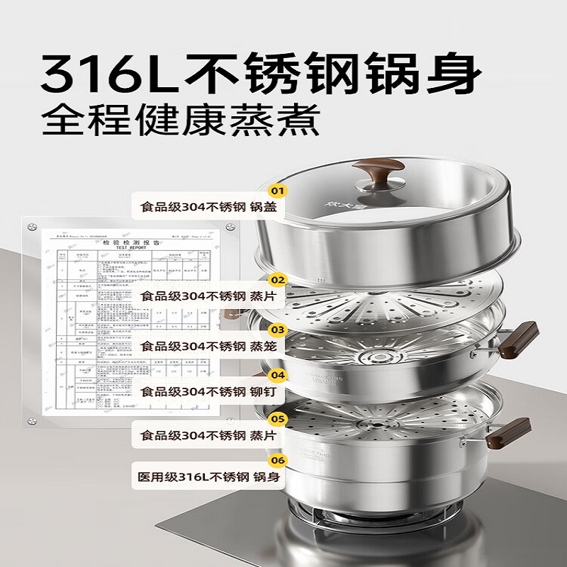 炊大皇316L不锈钢三层蒸锅家用复合底汤锅蒸馒头包子可视高拱盖28cm高清大图