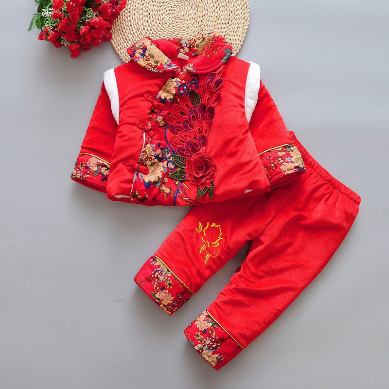 宝宝唐装秋冬中国风女童民国风套装婴儿周岁礼服儿童过年喜庆衣服平安