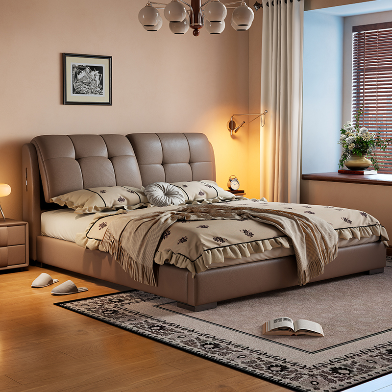 现代轻奢真皮床高级感简约家用次卧1.5米软包床主卧室储物网红床高清大图