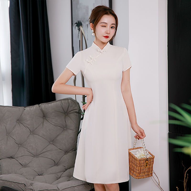 美帛夏季新款改良版旗袍女中国风纯色遮肚显瘦中长款旗袍连衣裙
