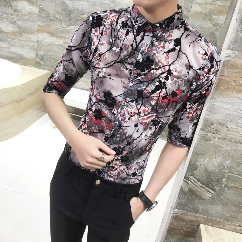 雅痞型男七分袖衬衣韩版修身型师印花中袖花衬衫五分袖工作服男