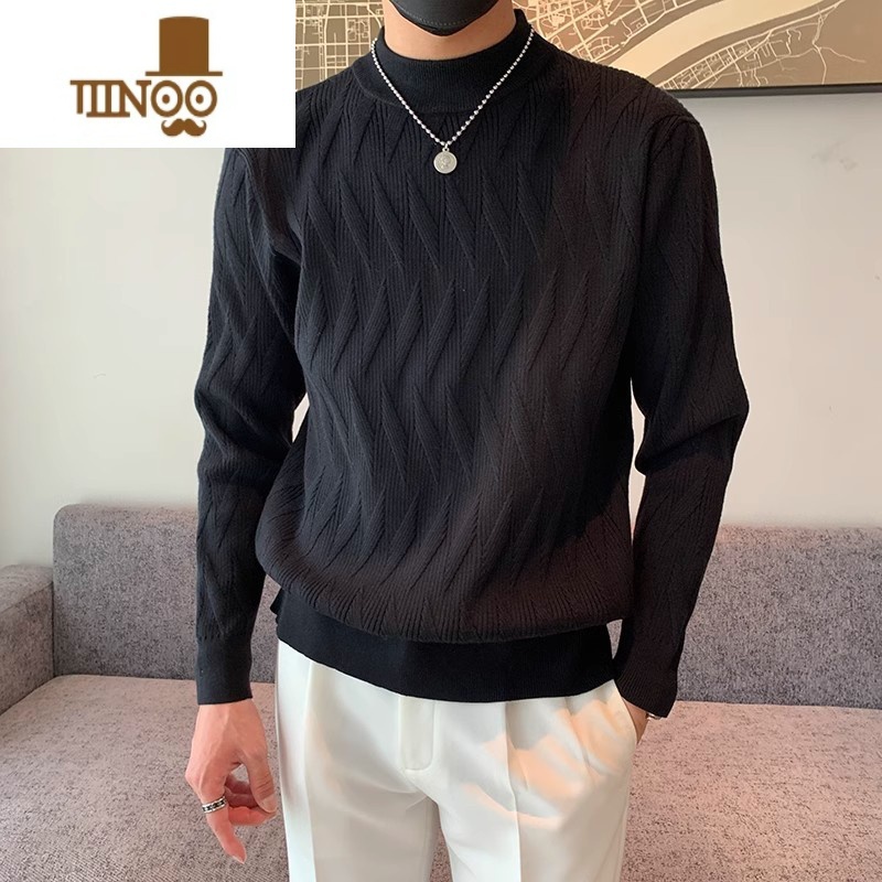 YANXU半高领毛衣男厚款宽松韩版潮流保暖中领打底毛线衣针织衫男高清大图