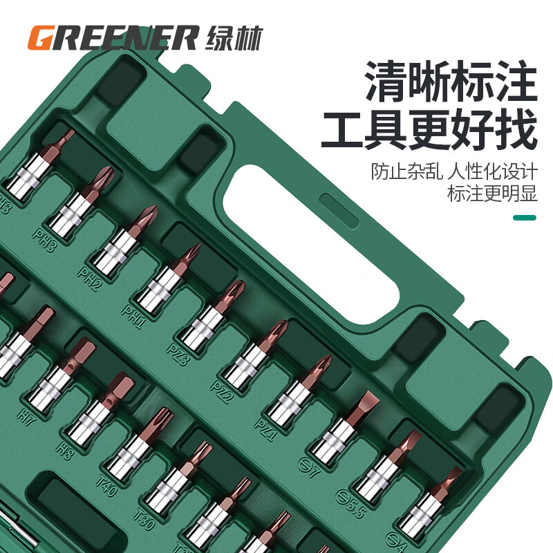 西陶 绿林(GREENER)37件专业汽修工具套装大飞棘轮套装梅花开口两用扳手全套高清大图