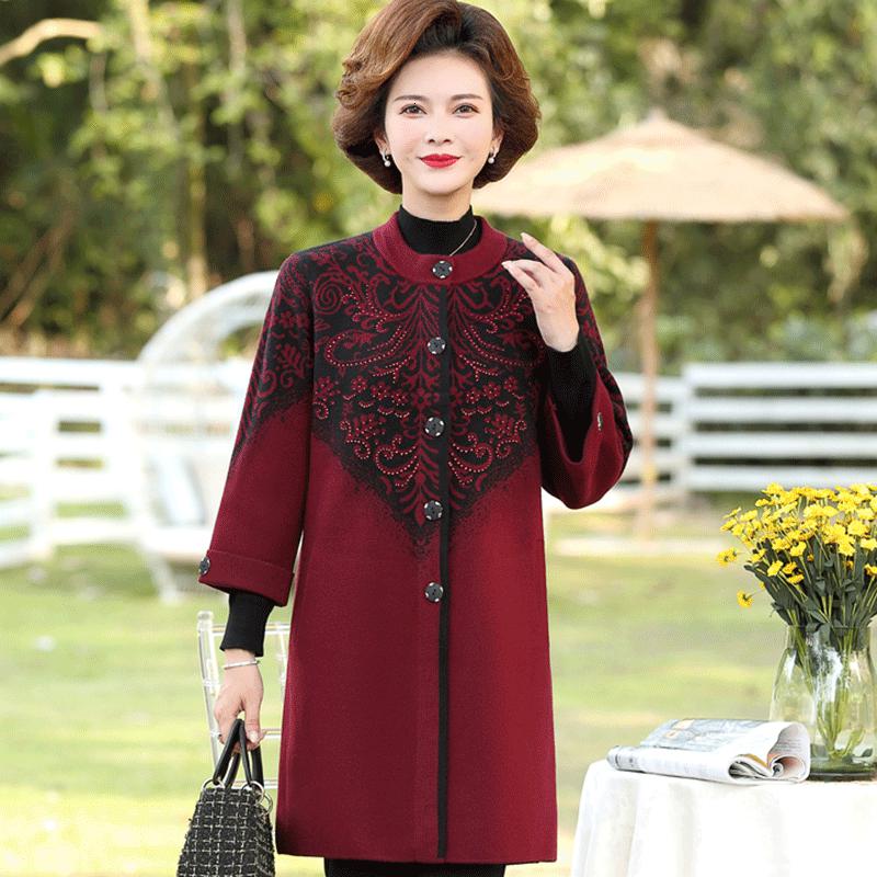 迪鲁奥（DILUAO)波司登旗下妈妈穿的妈妈装秋冬外套中长款40岁50中老年加肥加大码针织_900 XXL 酒红色