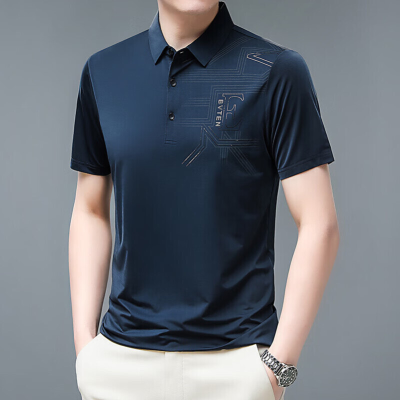 罗蒙2023春季新夏季爸爸男士短袖t恤翻领t恤衫中老年男装上衣