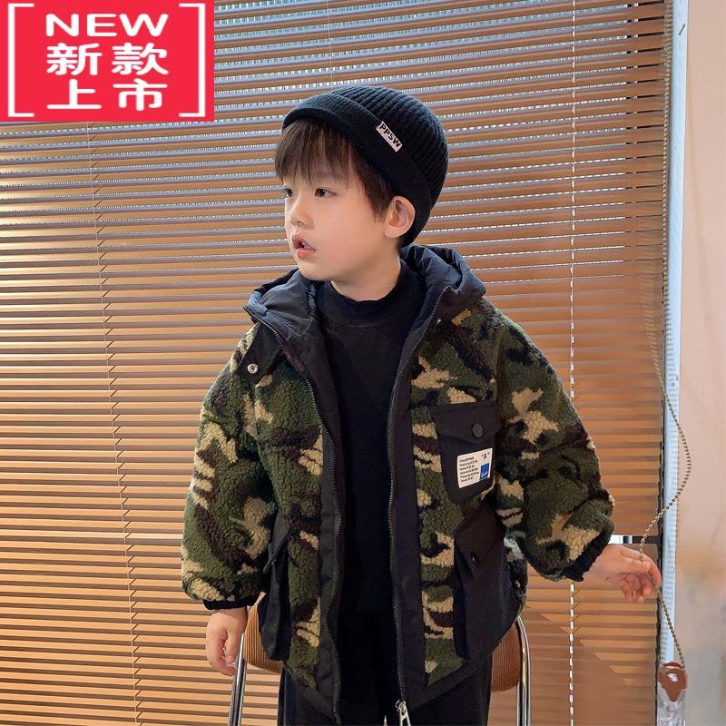 可莉允2022秋冬款男童迷彩棉衣中小大童羊羔毛棉服儿童加厚连帽棉袄外套图片