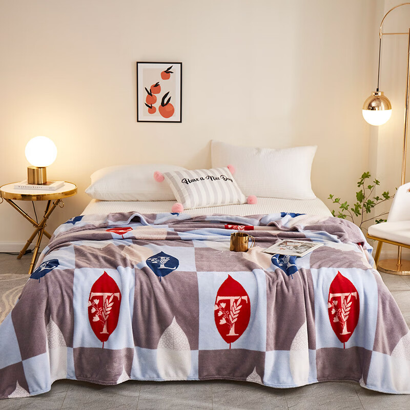 约克罗兰 绵柔温感毯绒毯子 居家办公午睡毛毯单人空调毯YKT4303 字母叶-灰 180*200cm