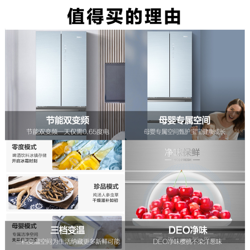 海尔(Haier)332升多门冰箱 彩晶面板母婴空间 一级能效 阻氧干湿分储 家用电冰箱 BCD-332WFCL