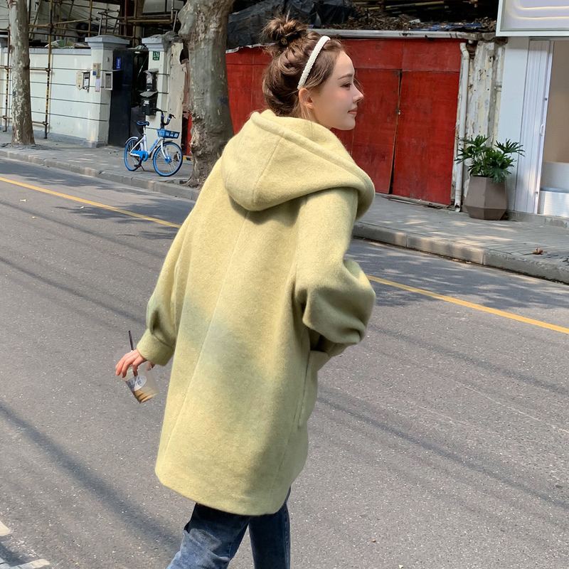 [2.5折价220元]唐狮秋冬新款女毛呢外套女中长款双排扣连帽宽松显瘦韩版潮ZW