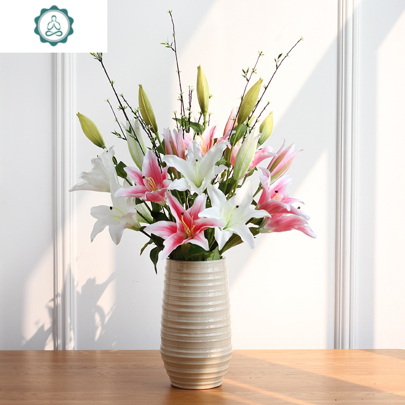 仿真花百合装饰假花枝绢花客厅落地桌面摆件室内花艺花卉花束摆件 封