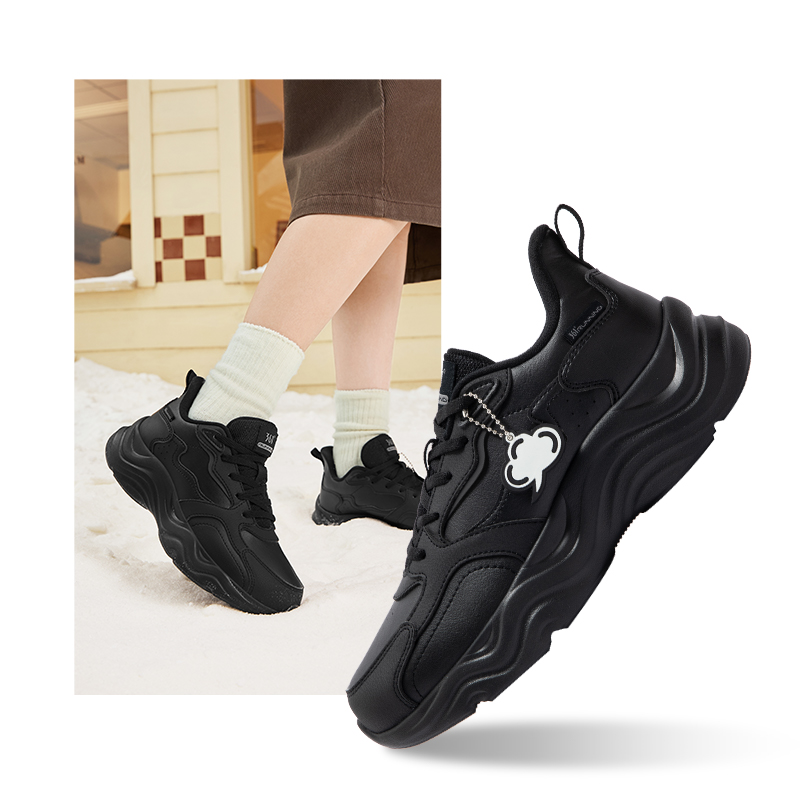 361°女鞋加绒运动鞋冬季保暖加毛棉鞋皮面防水跑步鞋轻便跑鞋 曜石黑 37码