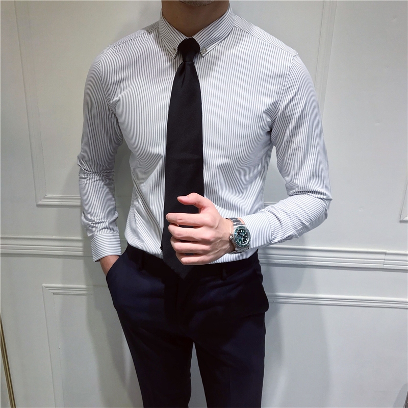 SUNTEK男装商务修身条纹长袖衬衫英伦休闲复古衬衣韩版日系潮男衬衫高清大图