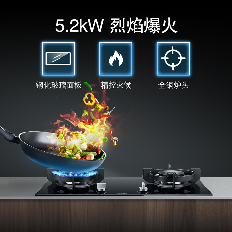 西门子 ER8PF233MP 5.2kW大火力燃气灶/天然气/精准控温台式双灶大火力燃气灶蒸饭柜高清大图