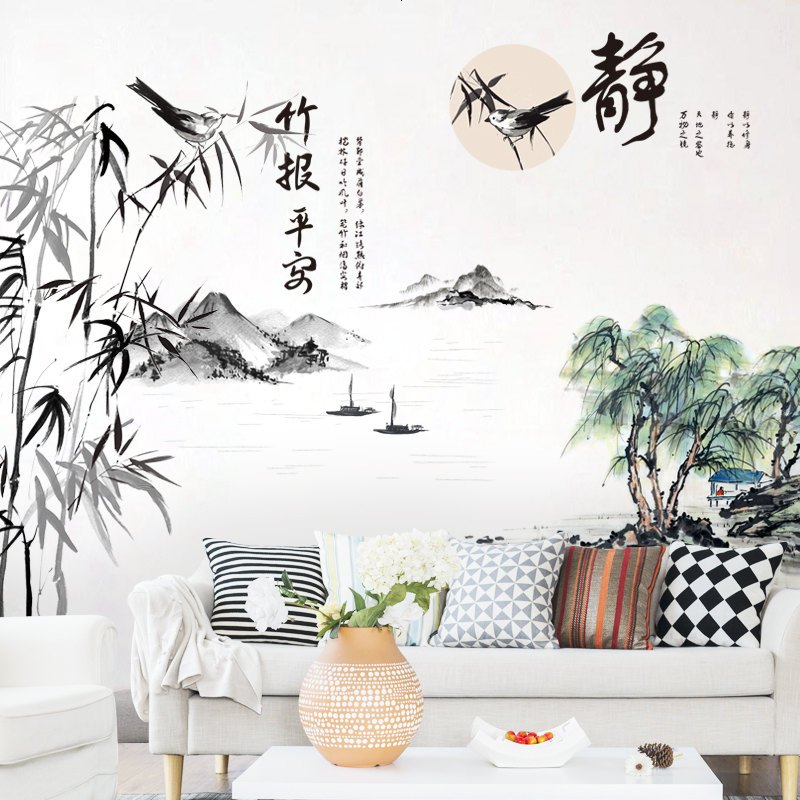 中国风墙贴画国画水墨画新中式客厅装饰画书房玄关走廊画竹报平安