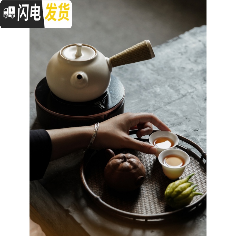 三维工匠陶瓷侧把煮茶壶煮茶器套装陶壶白茶煮茶炉电陶炉煮茶陶瓷炉家用 苏打青—宽涵胡桃木提梁壶茶具高清大图