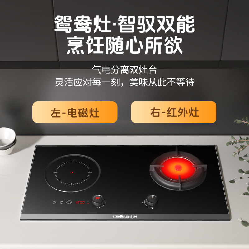 红日(RedSun)气电两用鸳鸯灶 家用电磁炉燃气灶 智能定时独立提醒 台嵌两用气电灶LC90B 液化气