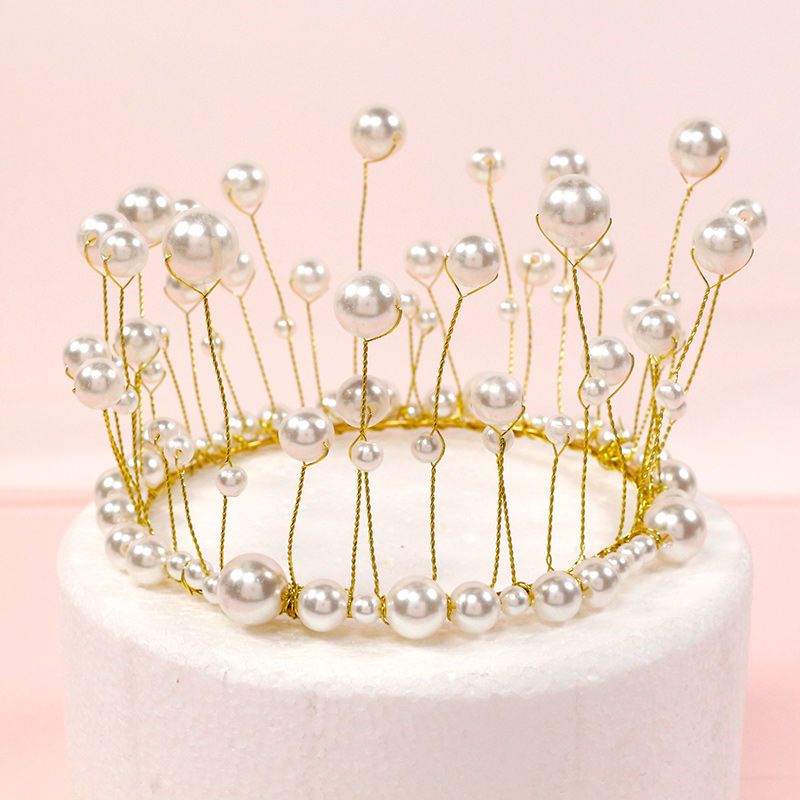 1个5个珍珠皇冠蛋糕装饰摆件女王皇冠头饰生日蛋糕烘焙装饰品1米暖白