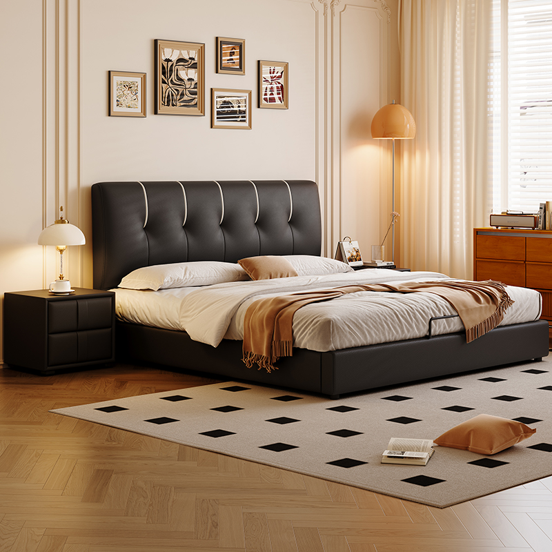 景山百岁 意式轻奢真皮床 主卧室高端大气软包床 1.8米双人床 现代简约储物床 婚床 实木床（多色可选 拍下请备注）高清大图