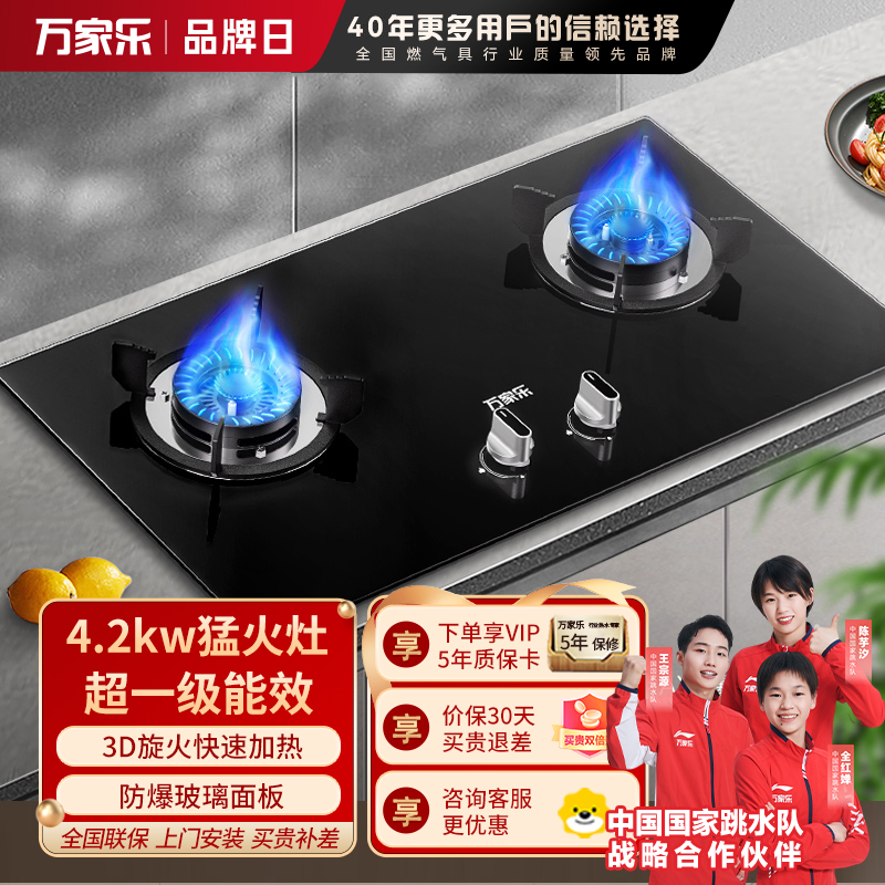 万家乐 AY3液化气钢化玻璃燃气灶具双眼灶 4.2KW一级能效天然气 3D旋直火