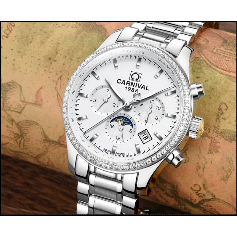 瑞士嘉年华CARNIVAL品牌手表时尚钻圈全自动机械表 男士多功能金属精钢带男表 镶水钻腕表三眼六针日月星辰显示8736高清大图