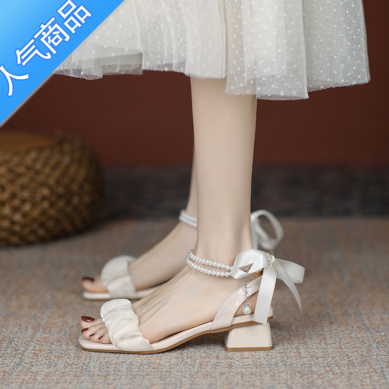 SUNTEK2023今年夏季女鞋粗跟法式仙女风珍珠丝带配裙子的中跟凉鞋女高清大图