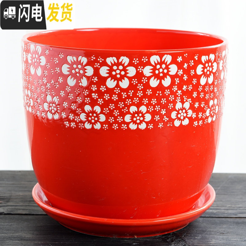 三维工匠陶瓷带托盘简约中国风大号家用绿植创意大红色绿萝小花盆 S1红色九里香单个 大花盆容器