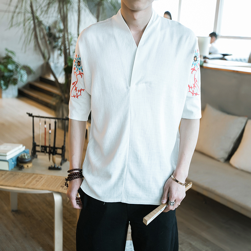 夏款薄款日系五分袖V领大码宽松短袖男中国风复古荷花刺绣半袖T恤