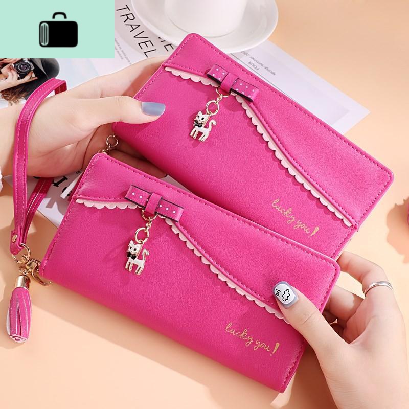 钱包女长款拉链零钱包新款韩版时尚手拿包可爱学生多功能卡包NEW LAKE 吊坠猫长-手带款-玫红